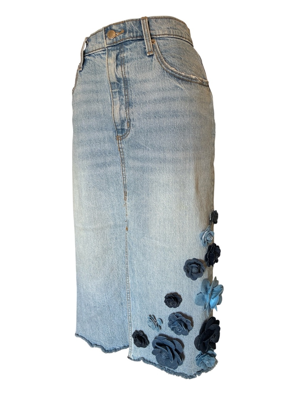 "Ragamuffin Couture" Denim Skirt women 10, blue with 3D Denim Roses, front slit